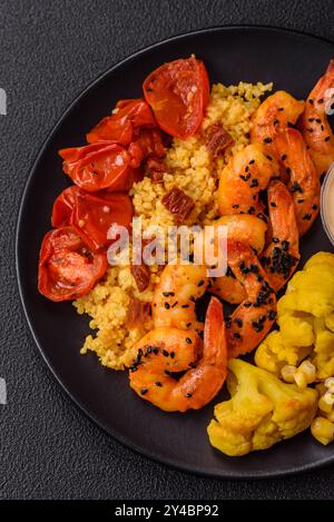 Gekochte Tigergarnelen mit Haferbrei, Tomaten und Mais auf dunklem Betonhintergrund Stockfoto