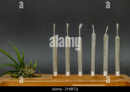 Helle Holzbox mit Fugen und frischem Marihuana und alter Steinmauer Stockfoto