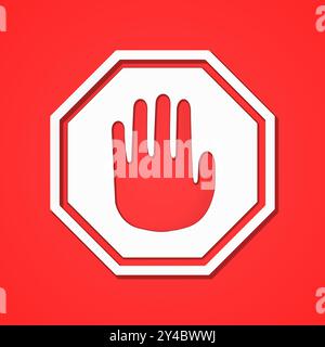 Weißes Stopp-Warnschild-Symbol, dargestellt durch ein achteckiges Symbol und eine Hand auf rotem Hintergrund für das Hinweisen des Verkehrszeichens durch 3D-Rendering-Illustration. Stockfoto