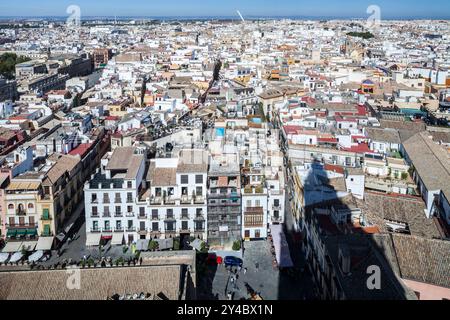 Das pulsierende Stadtzentrum von Sevilla entfaltet sich unter dem Giralda-Turm und zeigt seine historische Architektur und die lebhaften Straßen unter klarem Himmel. Stockfoto