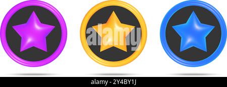 Lila, gelbe und blaue Sternsymbole isoliert. 3D-Hochglanzsterne. Vektorabbildung Stock Vektor