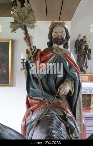 Kopf Christi, Detail des Palmesels, Holzfigur um 1470, Kirche St. Jodokus, Bad Oberdorf, Oberallgaeu, Bayern, Deutschland, Europa Stockfoto