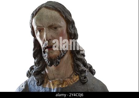 Palmesel Holzfigur um 1880, Christusdetail auf weißem Grund, Dominikanerkloster Wettenhausen, Schwaben, Bayern, Deutschland, Europa Stockfoto