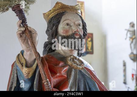 Kopf Christi, Detail des Palmesels, Holzfigur um 1470, Kirche St. Jodokus, Bad Oberdorf, Oberallgaeu, Bayern, Deutschland, Europa Stockfoto