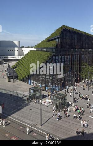 Blick auf den Koe-Bogen II mit grüner Fassade, bepflanzt mit 30, 000 Hainbuchten, ökologische Architektur zur Verbesserung des Klimas, Architekt Christoph Ingenhove Stockfoto
