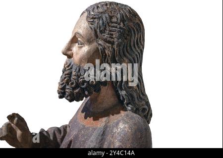 Kopf Jesu, um 1470, auf weißem Hintergrund, nur der Leichnam Jesu vom Palmenesel, Strigel Museum, Martin-Luther-Platz 1, Memmingen Stockfoto