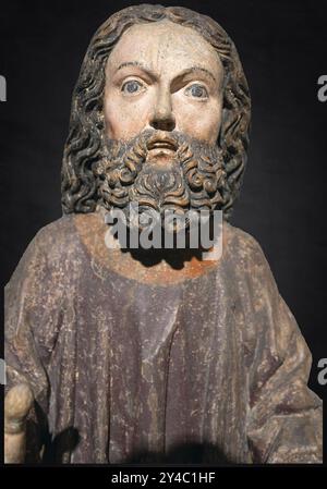 Kopf Jesu, um 1470, auf dunklem Hintergrund, nur der Leichnam Jesu vom Palmenesel, Strigel Museum, Martin-Luther-Platz 1, Memmingen Stockfoto