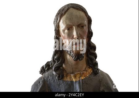 Palmesel Holzfigur um 1880, Christusdetail auf weißem Hintergrund, Dominikanerkloster Wettenhausen, Schwaben, Bayern, Deutschland, Europa Stockfoto