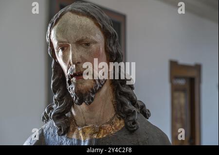 Palmesel Holzfigur um 1880, Christusdetail, Dominikanerkloster Wettenhausen, Schwaben, Bayern, Deutschland, Europa Stockfoto