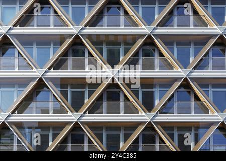 Fassade mit Wabenstruktur, Bürogebäude The Cradle, innovatives Holz-Hybridgebäude von HPP Architekten, nachhaltiges Bauen, Duesseld Stockfoto