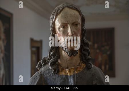 Palmesel Holzfigur um 1880, Christusdetail, Dominikanerkloster Wettenhausen, Schwaben, Bayern, Deutschland, Europa Stockfoto