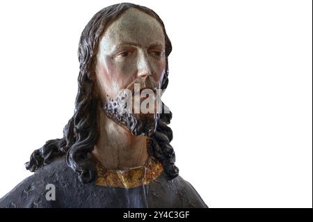 Palmesel Holzfigur um 1880, Christusdetail, auf weißem Hintergrund, Dominikanerkloster Wettenhausen, Schwaben, Bayern, Deutschland, Europa Stockfoto