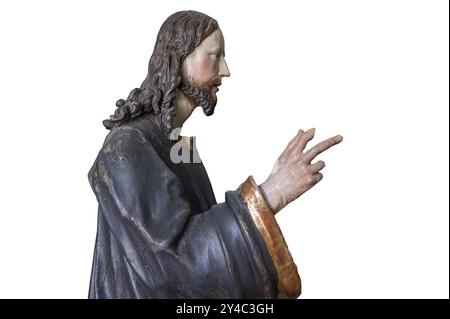Christus auf dem Palmenesel, Holzfigur um 1880, auf weißem Hintergrund, Dominikanerkloster in Wettenhausen, Schwaben, Bayern, Deutschland, Europa Stockfoto