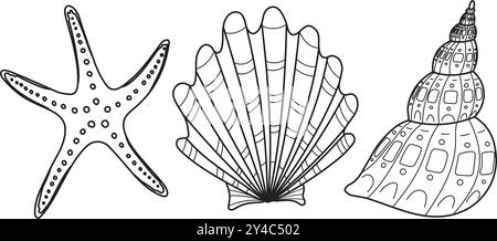 Muschelvektorset. Lineare Zeichnung von Seestern und Jakobsmuscheln mit schwarzer Tinte im Ätzstil. Nautische Darstellung von Muscheln auf isoliertem Hintergrund. Gravur von Schinkenschalen. Stock Vektor