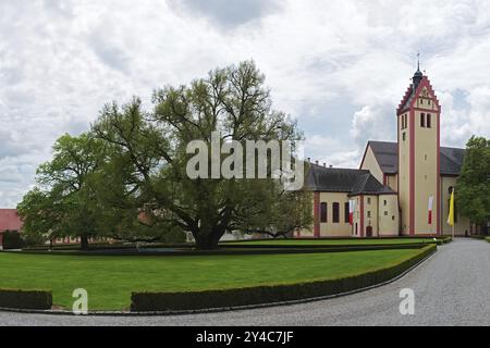 Michaelis Schlosskirche mit Riesenbaum im Hofgarten, Schloss Altshausen Stockfoto