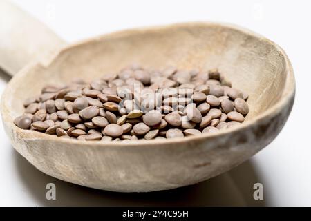 Berglinsen mit Holzlöffel auf weißem Hintergrund Stockfoto