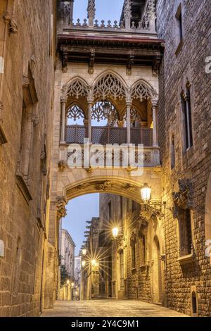 Das historische Barrio Gotico in Barcelona bei Sonnenaufgang mit dem Pont del Bispe Stockfoto