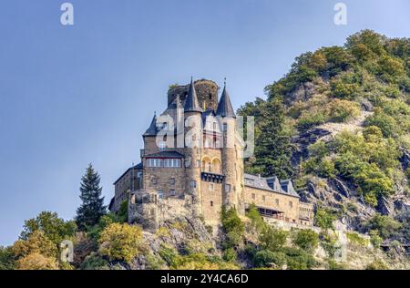 Schloss Katz oberhalb von St. Goarshausen im Oberen Mittelrheintal Welterbestätte in Rheinland-Pfalz Stockfoto