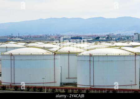 Viele große runde weiße Reservoirs für chemische Produkte im Hafenindustriebereich, Terminal für chemische Produkte Stockfoto