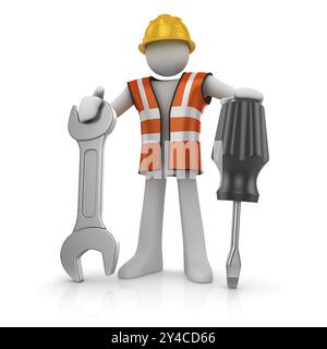 3D-Mann mit Schraubendreher und Schraubenschlüssel, das ist ein 3D-Computerbild. Isoliert auf weiß Stockfoto