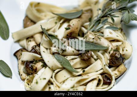 Spaghetti artigianale mit Kräuterpilzen und Salbei Stockfoto