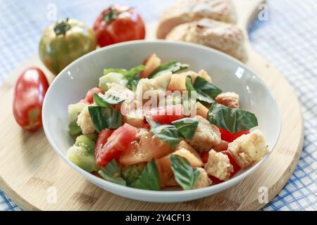 Farbenfroher Tomatenbrotsalat mit Basilikum in einer weißen Schüssel Stockfoto