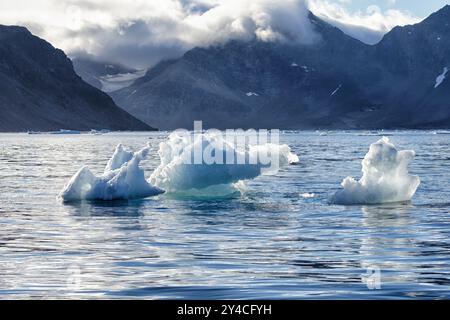 Morgenstimmung im Ammassalik-Fjord mit kleinen Eisbergen und Meereis auf dem Wasser. Sermersooq, Ostgrönland, Dänemark Stockfoto