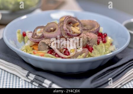 Filet vom iberischen Schwein mit Spitzkohl, roten Zwiebeln, Paprika und Granatapfelsamen Stockfoto