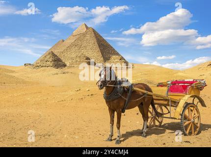 Pferdekutsche in der Nähe großer Pyramiden in der Wüste von Gizeh, Ägypten, Afrika Stockfoto