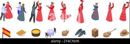 Frauen tanzen Flamenco-Ikonen Set. Dies ist eine Reihe von isometrischen Symbolen, in denen Menschen Flamenco mit traditionellen spanischen Objekten und Speisen tanzen Stock Vektor