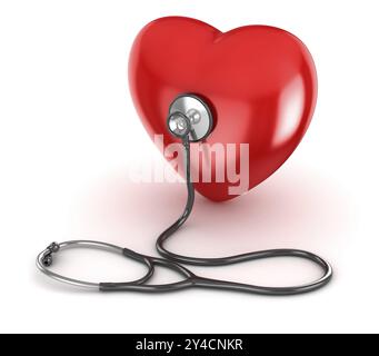 Red HEarth und Black Stethoskop, dies ist ein 3D gerendertes computergeneriertes Bild. Isoliert auf weiß Stockfoto