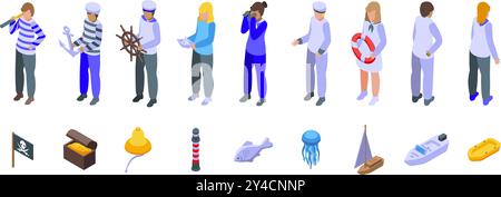 Kinder Seemann Seefahrer Kostüm Ikonen Set. Seeleute mit Navigationsausrüstung und Isometrien des Meereslebens mit Segelboot, Fisch, Quallen und Piratenflagge Stock Vektor