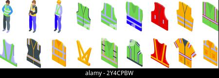 Sicherheitsweste Symbole gesetzt. Großer Satz gut sichtbarer reflektierender Sicherheitswesten mit isometrischen Symbolen, die verschiedene Stile und Farben zeigen, die von Bauarbeitern getragen werden Stock Vektor