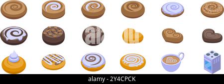 Zimt-Brötchen-Symbole gesetzt. Süßes Gebäck mit verschiedenen Belägen und Formen, perfekt für ein köstliches Frühstück oder einen Snack Stock Vektor