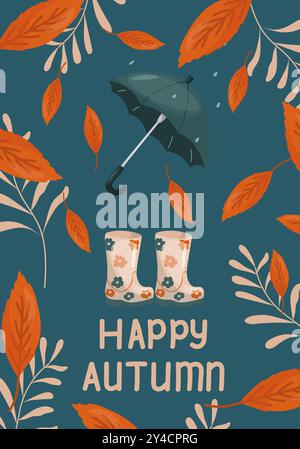 Glückliche Herbst-Vektor-Illustration. Ein Regenschirm, geblümte Gummistiefel und orangefarbene Herbstblätter auf blauem Hintergrund. Frohe Herbstpostkarten. Stock Vektor