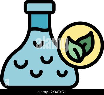 Laborkolben mit blauer Flüssigkeit mit grünem Blattsymbol, das auf die Forschung an Naturstoffen oder organischen Chemikalien hinweist Stock Vektor