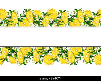 Horizontaler, nahtloser Rahmen mit Zitronenbaumzweigen und weißen Blumen. Handgezeichnete botanische Illustration gelber Zitrusfrüchte. Clipart Stockfoto