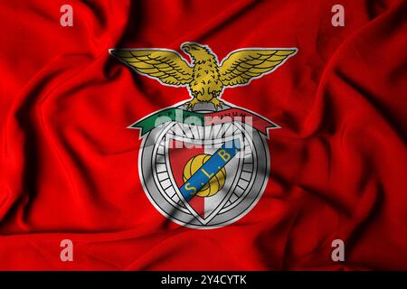 Pringsewu, Lampung 18. September 2024; Selective Focus Flaggenlogostruktur aus SL BENFICA Hintergrund. Flagge des europäischen Fußballvereins. 3D-Abbildung Stockfoto