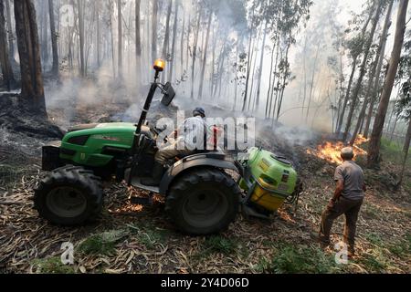 Sever Do Vouga, Portugal. September 2024. Die Dorfbewohner bekämpfen ein Lauffeuer mit einem kleinen Wassertank auf dem Traktor in Fojo, Sever do Vouga (Aveiro). Mehr als 2.000 Feuerwehrleute kämpften bei einem Waldbrand im Norden Portugals, als Beamte warnten, dass Tausende von Hektar in Gefahr seien, während die Temperaturen im ganzen Land hoch ansteigen. Quelle: SOPA Images Limited/Alamy Live News Stockfoto