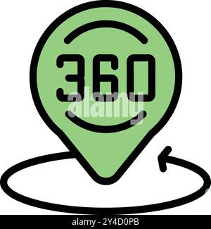 Grünes Symbol eines Pins, der auf eine Position zeigt und eine volle Drehung um 360 Grad anzeigt Stock Vektor