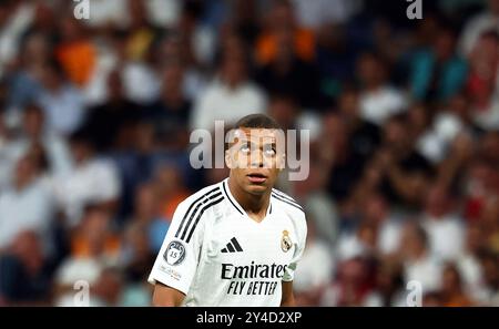 Madrid, Spanien. September 2024. Fußball: Champions League, Real Madrid - VfB Stuttgart, Vorrunde, Spieltag 1, Santiago Bernabeu Stadium, Madrider Kylian Mbappé reagiert. Quelle: Jan Woitas/dpa/Alamy Live News Stockfoto