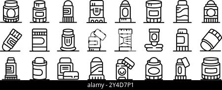 Klebestift-Symbole gesetzt. Dies ist eine Reihe von Symbolen, die verschiedene Deodorant-Behälter darstellen, einschließlich Stick-, Roll-on- und Spray-Deodorants Stock Vektor