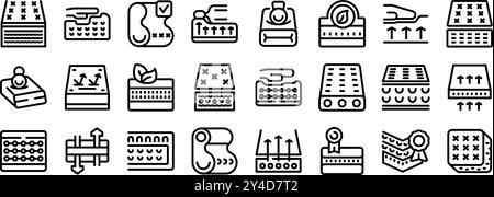 Speicherschaum-Symbole gesetzt. Dieses Set von Symbolen zeigt verschiedene Arten von Matratzen mit Eigenschaften wie Atmungsaktivität, Strapazierfähigkeit und Druckentlastung Stock Vektor