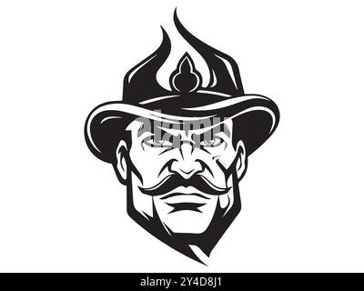 Schwarz-weiß Feuerwehrmann Illustration Schild Symbol. Konzept von Mut, Schutz, Feuerwehrsymbol, heldenhafte Figur. Design-Element, Rescue Embl Stock Vektor
