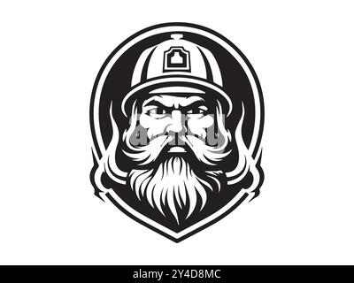 Schwarz-weiß Feuerwehrmann Illustration Schild Symbol. Konzept von Mut, Schutz, Feuerwehrsymbol, heldenhafte Figur. Design-Element, Rescue Embl Stock Vektor