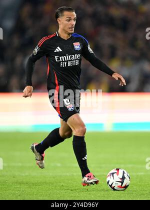 LINSE - Maxence Caqueret von Olympique Lyonnais während des Spiels der französischen Ligue 1 zwischen RC Lens und Olympique Lyon im Stade Bollaert Delelis am 15. September 2024 in Lens, Frankreich. ANP | Hollandse Hoogte | GERRIT VAN KEULEN Stockfoto