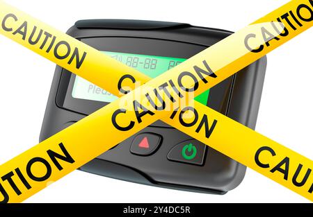 Pager mit Sicherheitsbändern. Pager-Explosionen, Pager-Angriff, Konzept. 3D-Rendering isoliert auf weißem Hintergrund Stockfoto