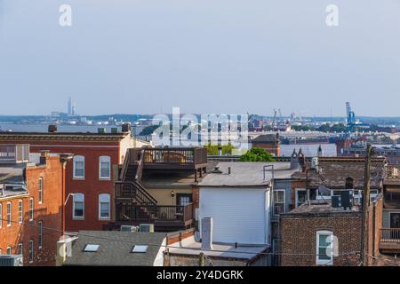 Baltimore Row House mit Dachblick auf die Innenstadt von Baltimore und den Inner Harbor. Stockfoto