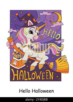 Kinder Postkarte Einhornhexe, die auf einem Besen fliegt. Vektor-Zeichentrick bunte isolierte Illustration. Halloween-Konzept für Kinder. Für Buchillustrationen siehe s Stock Vektor