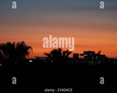 Ein Flugzeug, das an einem Frühlingsabend in Sydney, Australien, nach Mascot, City Lights und Sonnenuntergang fliegt Stockfoto